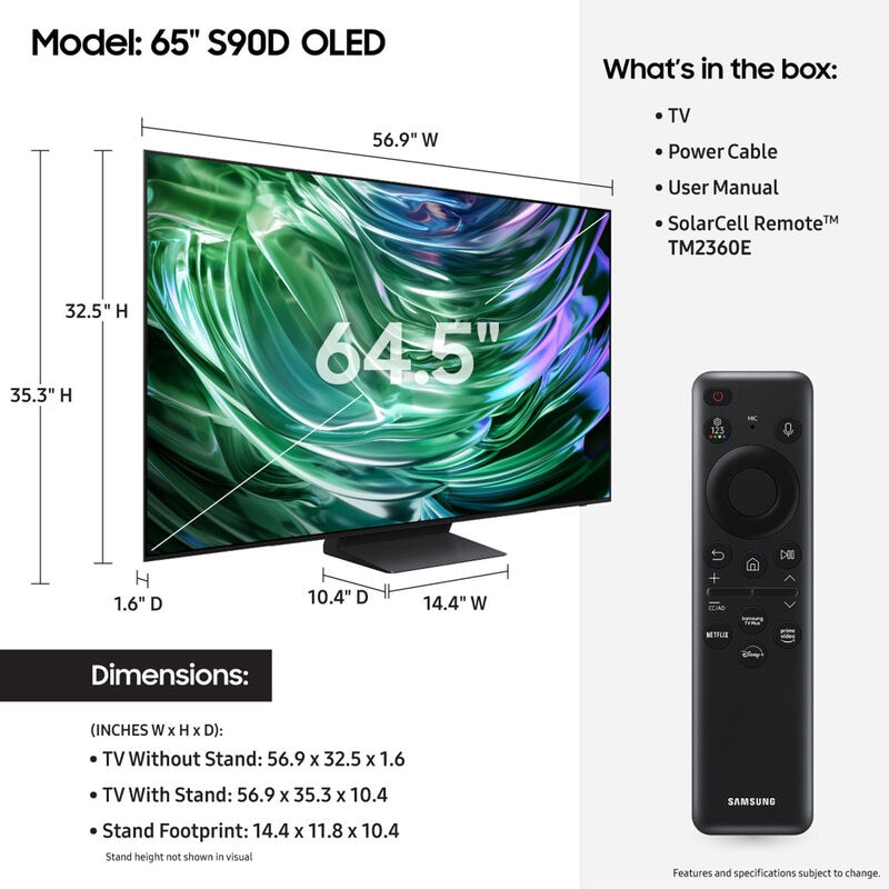 Samsung - 65" Class S90D Series OLED 4K UHD Smart Tizen TV, , hires