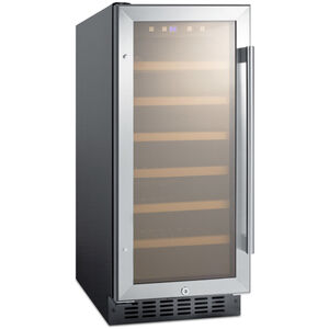 Summit 15 in. Undercounter Wine Cooler with Wood Racks, Single Temperature Zone & 33 Bottle Capacity - Stainless Steel, , hires