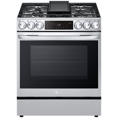 LG 30 in. 6.3 cu. ft. Smart Air Fry Convection Oven Slide-In Dual Fuel Range with 5 Sealed Burners & Griddle - PrintProof Stainless Steel | LSDL6336F