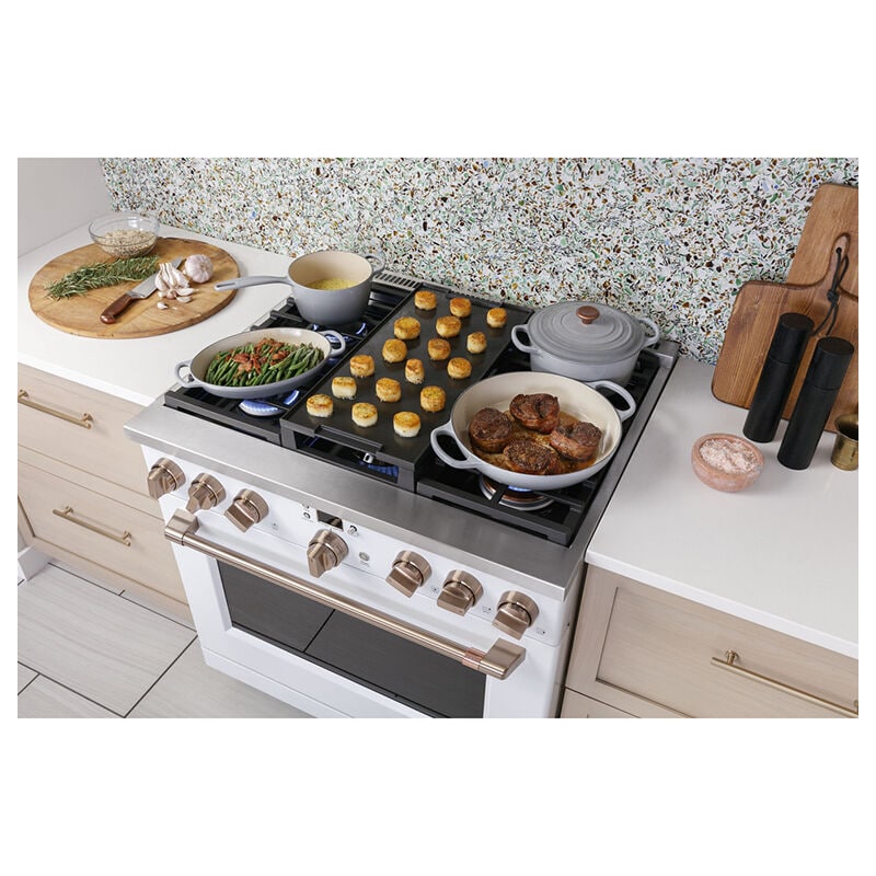Cafe 36 in. 5.8 cu. ft. Smart Oven Freestanding Dual Fuel Range with 6 Sealed Burners Matte White P.C. Richard Son