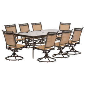 Hanover Fontana 9-Piece Glass Top Dining Set with Eight Sling Swivel Chairs, , hires