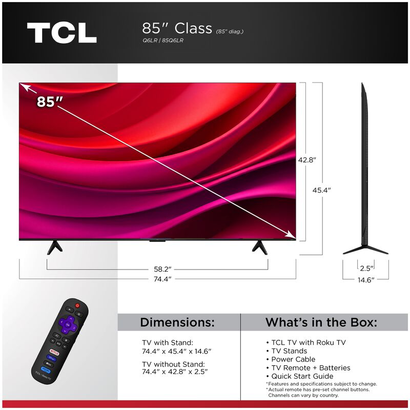 TCL - 85" Class Q6LR Series QLED 4K UHD Smart Roku TV, , hires