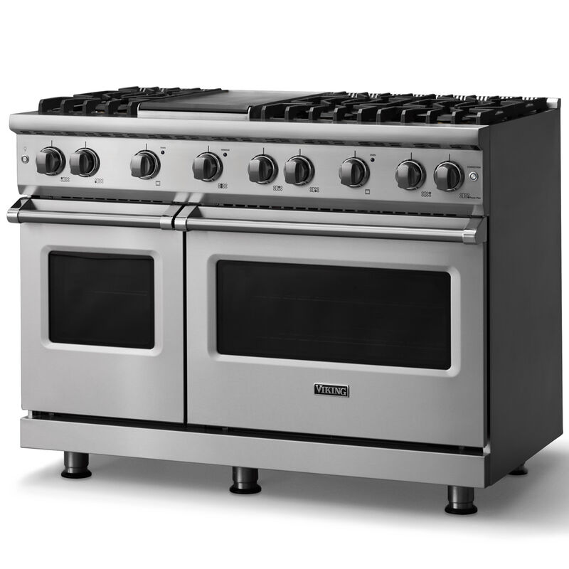 Viking 5 Series 48 in. 6.1 cu. ft. Standard Convection Double Oven Gas Range with 6 Sealed Burners & Griddle - Stainless Steel, , hires