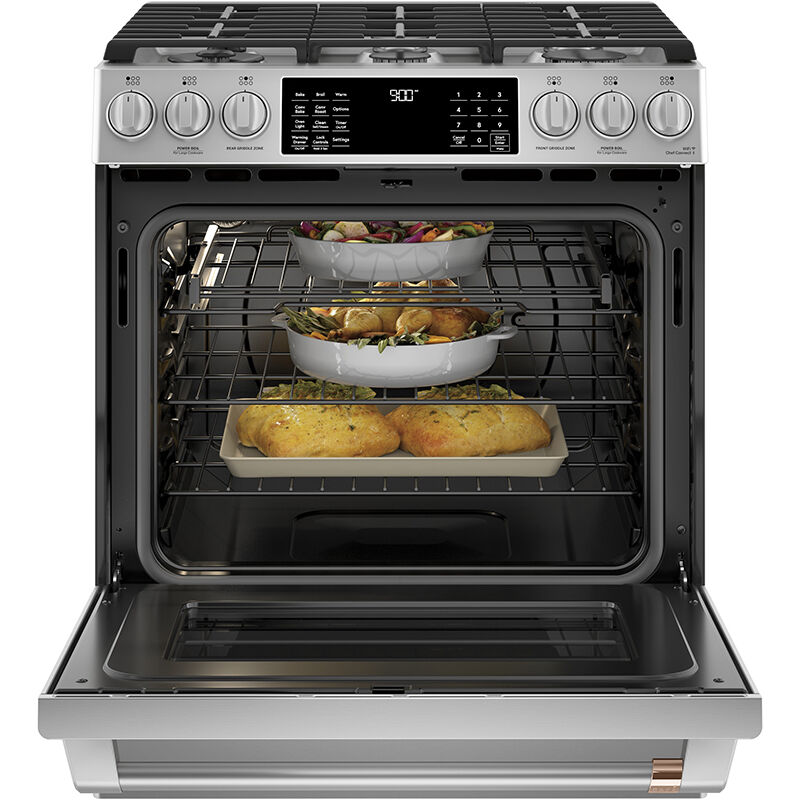 Cafe 30 in. 5.7 cu. ft. Smart Air Fry True European Convection Slide-In Dual Fuel Range with 6 Sealed Burners & Griddle - Stainless Steel, , hires