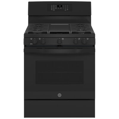 GE 30 in. 5.0 cu. ft. Air Fry Convection Oven Freestanding Gas Range with 5 Sealed Burners & Griddle - Black | JGB735DPBB