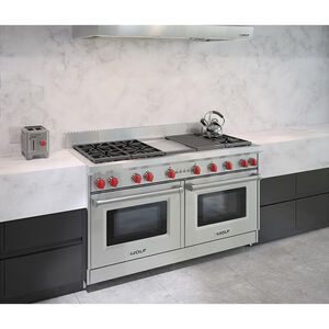 Wolf 60 in. 8.8 cu. ft. Standard Convection Double Oven Gas Range with 6 Sealed Burners, Grill & Griddle - Stainless Steel, , hires