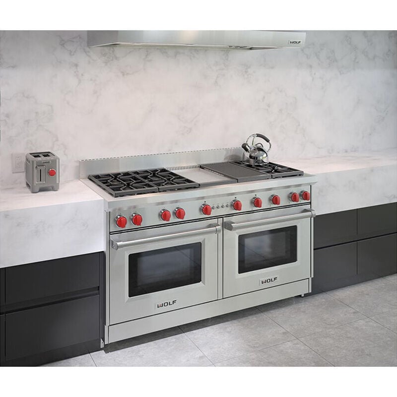 Wolf 60 in. 8.8 cu. ft. Standard Convection Double Oven Gas Range with 6 Sealed Burners, Grill & Griddle - Stainless Steel, , hires
