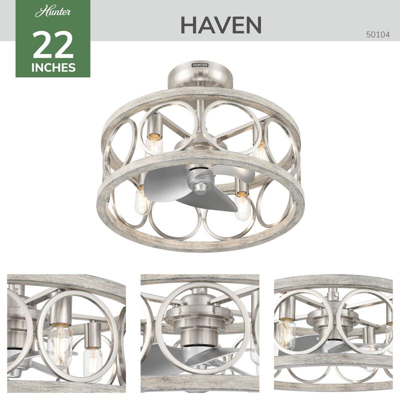 Hunter Haven Fandelier 22 in. Ceiling Fan with Light Kit and Handheld Remote - Brushed Nickel/ Light Grey, , hires