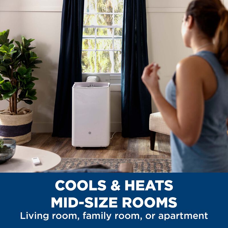 GE 14,000 BTU (9,950 BTU DOE) Heat and Cool Portable Air Conditioner with 3 Fan Speeds and Remote Control - White, , hires