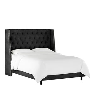 Skyline Queen Nail Button Tufted Wingback Bed in Velvet - Black, Black, hires