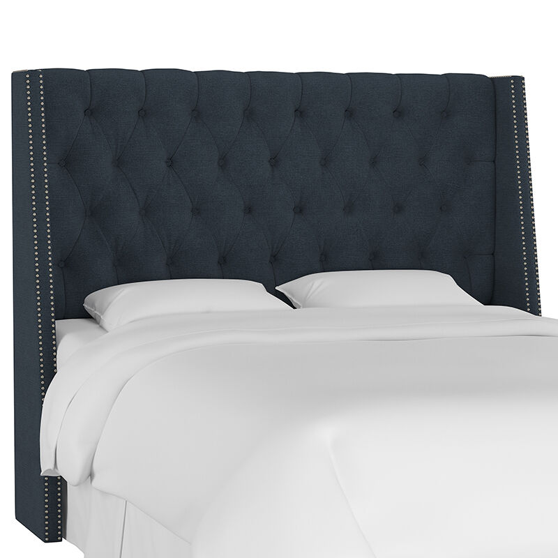 Skyline Queen Nail Button Tufted Wingback Headboard in Linen - Navy, Navy, hires