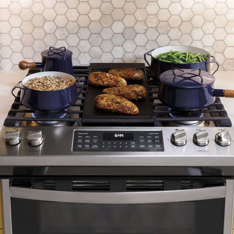 GE 30 in. 6.7 cu. ft. Air Fry True European Convection Double Oven Slide-In Gas Range with 5 Sealed Burners & Griddle - Stainless Steel, , hires