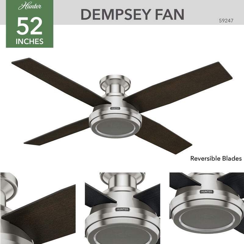 Hunter Dempsey 52 in. Low Profile Ceiling Fan and Handheld Remote - Brushed Nickel, Brushed Nickel, hires