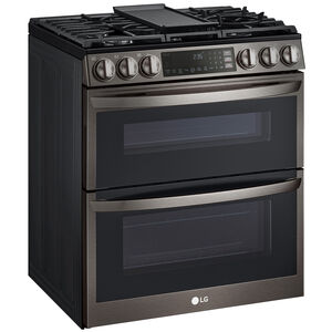 LG InstaView 30 in. 6.9 cu. ft. Smart Air Fry True European Convection Double Oven Slide-In Gas Range with 5 Sealed Burners & Griddle - PrintProof Black Stainless Steel, PrintProof Black Stainless Steel, hires