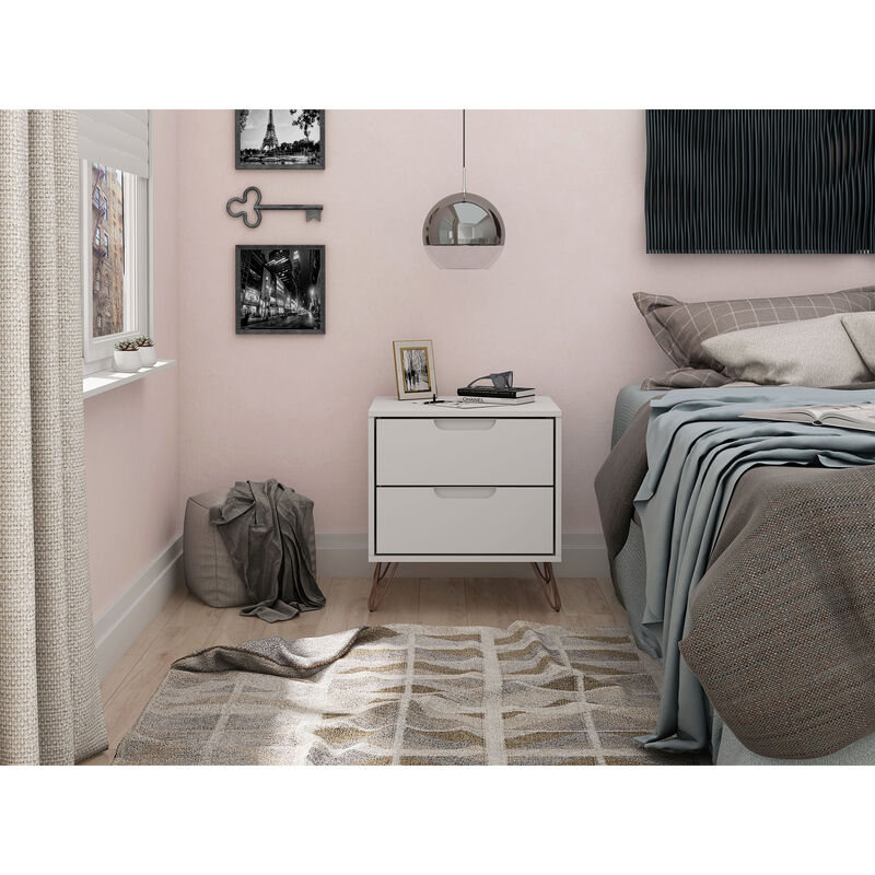 Manhattan Comfort Rockefeller Mid-Century Modern 2-Drawer Nightstand White, White, hires