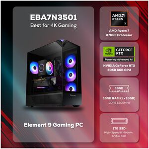 iBUYPOWER Element Gaming Desktop with AMD Ryzen 7 8700F, 4.1 GHz, 8-Core CPU, NVIDIA GeForce RTX 3050, 6GB VRAM GPU, 16 GB RAM, 1 TB SSD & Windows 11 Home - Black, , hires