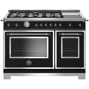 Bertazzoni Heritage Series 48 in. 4.7 cu. ft. Convection Double Oven Freestanding Gas Range with 6 Brass Burners & Griddle - Matte Black, Matte Black, hires