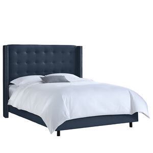 Skyline Twin Nail Button Tufted Wingback Headboard in Linen - Navy, Navy, hires