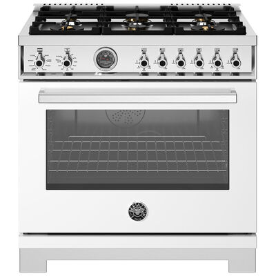 Bertazzoni Professional Series 36 in. 5.7 cu. ft. Air Fry Convection Oven Freestanding Dual Fuel Range with 6 Sealed Burners & Griddle - White | PR366BCEPBIT