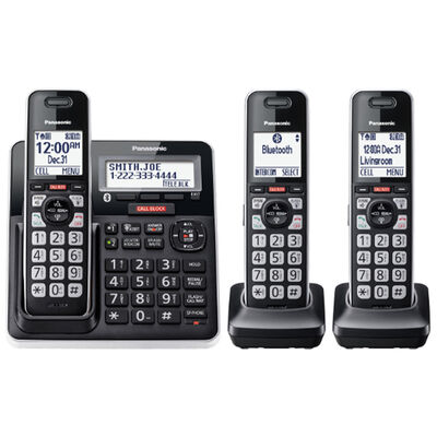 Panasonic Cordless Phone with Advanced Call Block, One-Ring Scam Alert, and 2-Way Recording with Answering Machine, 3 Handsets - Black | KXTGF973B