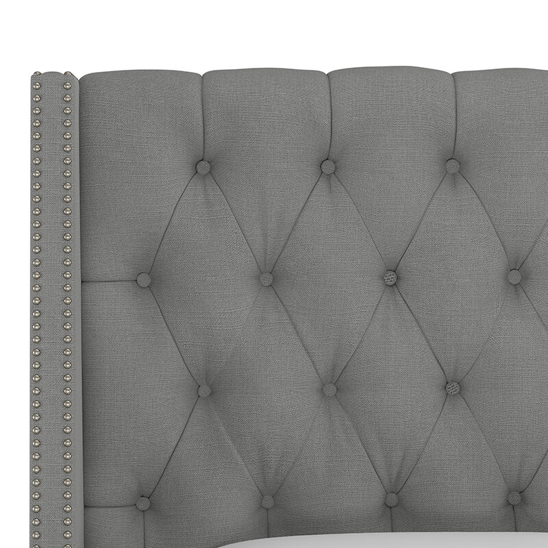 Skyline California King Nail Button Tufted Wingback Bed in Linen - Grey, Grey, hires