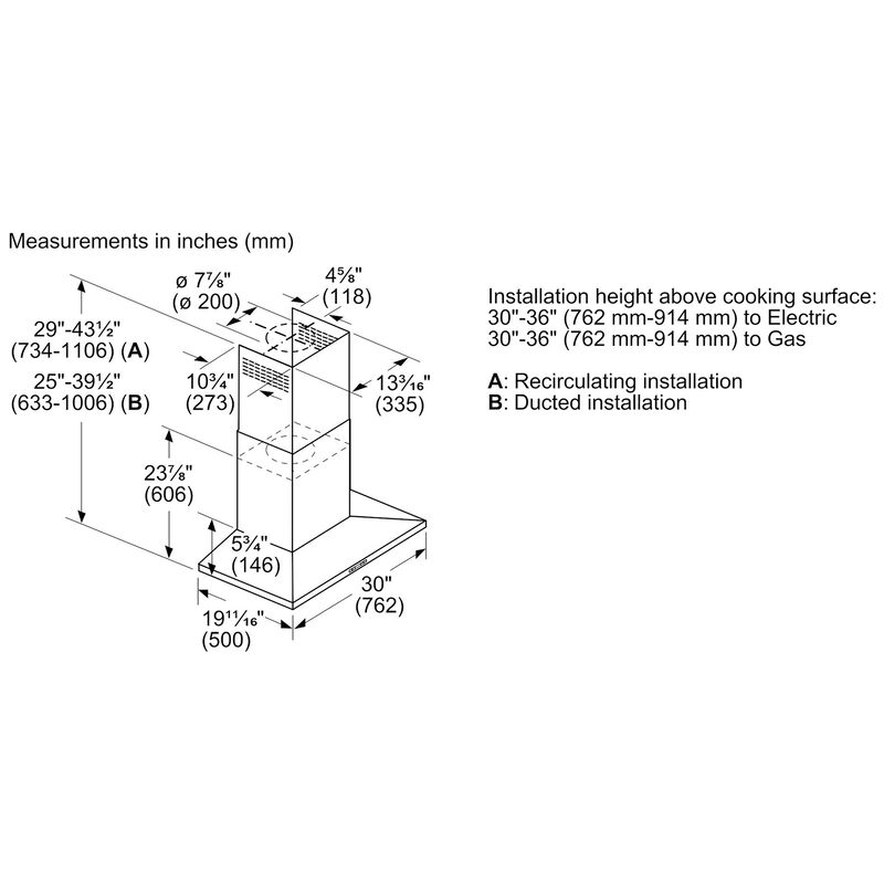 Bosch 500 Series 30" Chimney Style Range Hood with 4 Speed Settings, 600 CFM, Convertible Venting & 2 LED Lights - Stainless Steel, , hires