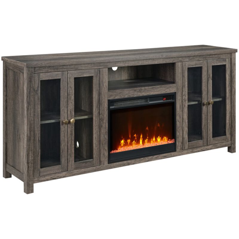 Lilola Ellington 70"W Gray Walnut Finish Fireplace TV Stand Console with Heater, LED Light, Cabinets, Shelves, , hires