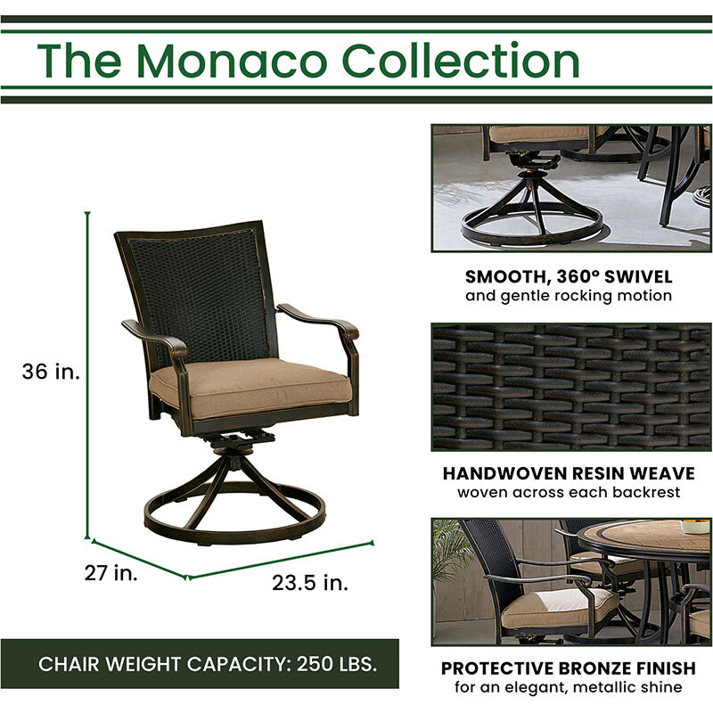 Hanover Monaco 7-Piece Dining Set With 6 Wicker Back Swivel Rockers and a 60" Tile-Top Table - Tan/Bronze, , hires