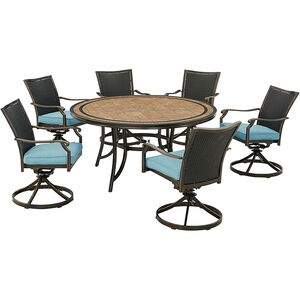 Hanover Monaco 7-Piece Dining Set in Blue with 6 Wicker Back Swivel Rockers and a 60". Tile-Top Table - Blue/Bronze, , hires