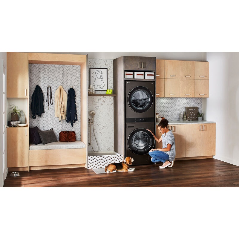 LG 27 in. 5.0 cu. ft. Smart Electric Front Load WashTower with AI Sensor Dry, TurboSteam, Allergiene Cycle, ezDispense, AI DD 2.0 Advanced Washing, Sensor Dry, Sanitize & Steam Cycle - Black Steel, , hires