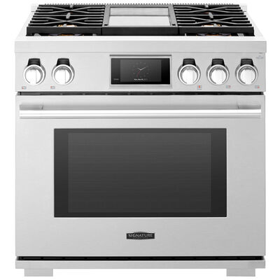 Signature Kitchen Suite 36 in. 6.3 cu. ft. Smart Convection Oven Freestanding Dual Fuel Range with 4 Sealed Burners & Griddle - Stainless Steel | SKSDR360GS