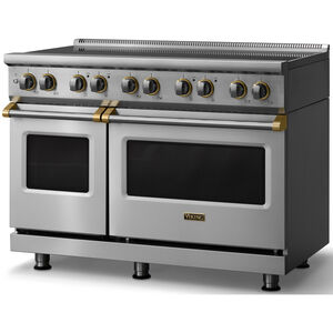 Viking 5 Series 48 in. 7.3 cu. ft. True European Convection Double Oven Electric Range with 6 Induction Burners - Stainless Steel - Brushed Brass Trim Option, , hires