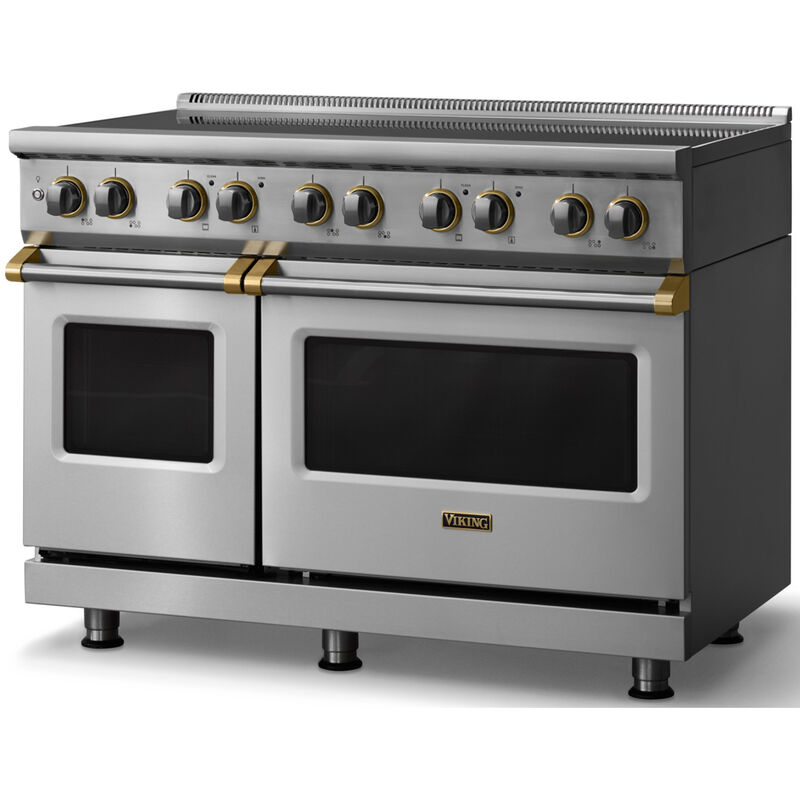 Viking 5 Series 48 in. 7.3 cu. ft. True European Convection Double Oven Electric Range with 6 Induction Burners - Stainless Steel - Brushed Brass Trim Option, , hires