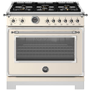 Bertazzoni Heritage Series 36 in. 5.7 cu. ft. Air Fry Dual Convection Dual Fuel Range with 6 Sealed Burners & Griddle - Ivory, , hires