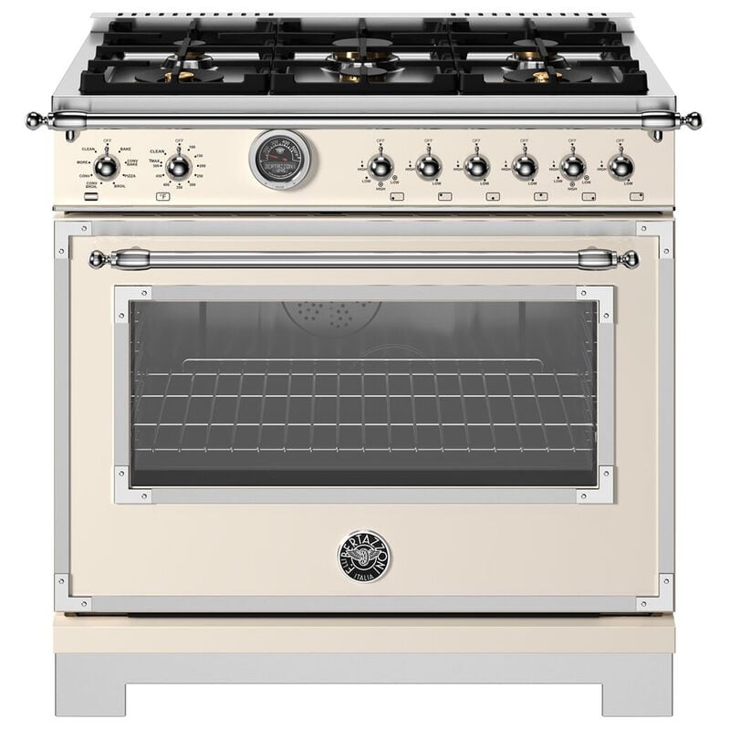 Bertazzoni Heritage Series 36 in. 5.7 cu. ft. Air Fry Dual Convection Dual Fuel Range with 6 Sealed Burners & Griddle - Ivory, , hires