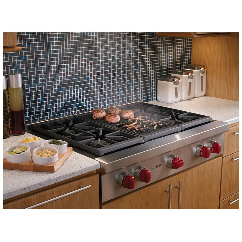Wolf 36 in. 4-Burner LP Gas Rangetop with Grill & Power Burner - Stainless Steel, , hires