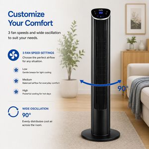 CoolVia 46 in. Oscillating Tower Fan with 3 Speed Setting & Remote Control - Black, , hires