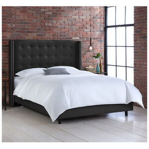 Skyline Twin Nail Button Tufted Wingback Headboard in Linen - Black, Black, hires