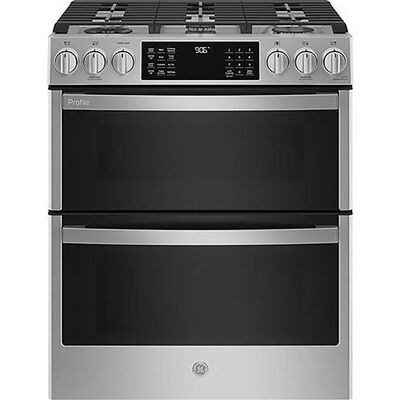 GE Profile 30 in. 6.7 cu. ft. Smart Air Fry True European Convection Double Oven Slide-In Gas Range with 5 Sealed Burners, Grill & Griddle - Stainless Steel | PGS960YPFS