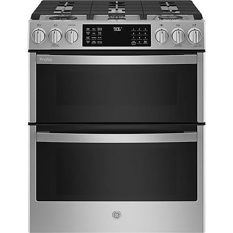 GE Profile 30 in. 6.7 cu. ft. Smart Air Fry True European Convection Double Oven Slide-In Gas Range with 5 Sealed Burners, Grill & Griddle - Stainless Steel, , hires