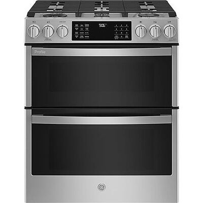 GE Profile 30 in. 6.7 cu. ft. Smart Air Fry Convection Double Oven Slide-In Gas Range with 5 Sealed Burners & Griddle - Stainless Steel | PGS960YPFS