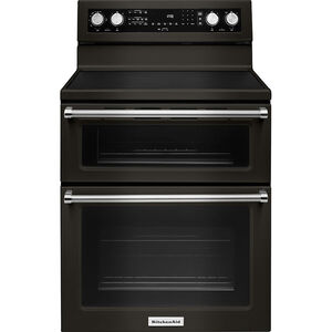 KitchenAid 30 in. 6.7 cu. ft. Convection Double Oven Freestanding Electric Range with 5 Smoothtop Burners & Griddle -Black Stainless Steel with PrintShield Finish, , hires