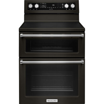 KitchenAid 30 in. 6.7 cu. ft. Convection Double Oven Freestanding Electric Range with 5 Smoothtop Burners & Griddle -Black Stainless Steel with PrintShield Finish | KFED500EBS