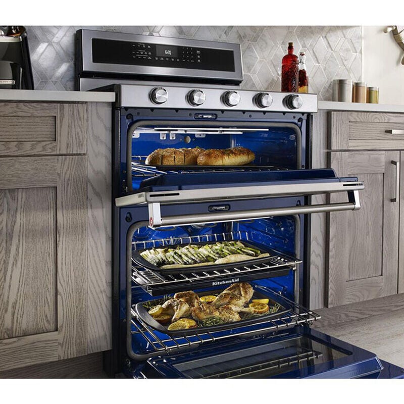 KitchenAid 30 in. 6.7 cu. ft. True European Convection Double Oven Dual Fuel Range with 5 Sealed Burners & Griddle - Stainless Steel, , hires