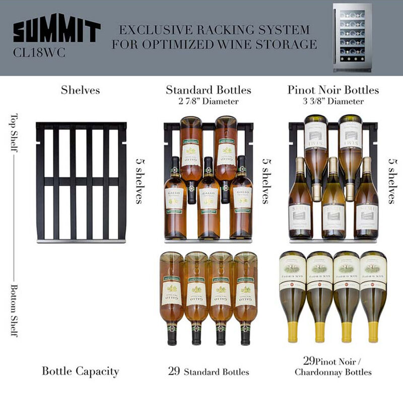 Summit Classic Collection Series 18 in. Undercounter Wine Cooler with Single Zone & 29 Bottle Capacity Stainless Steel, , hires