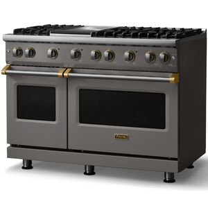 Viking 5 Series 48 in. 6.1 cu. ft. Standard Convection Double Oven Gas Range with 6 Sealed Burners & Griddle - Damascus Gray - Natural Gas, Brushed Brass Trim Option, , hires