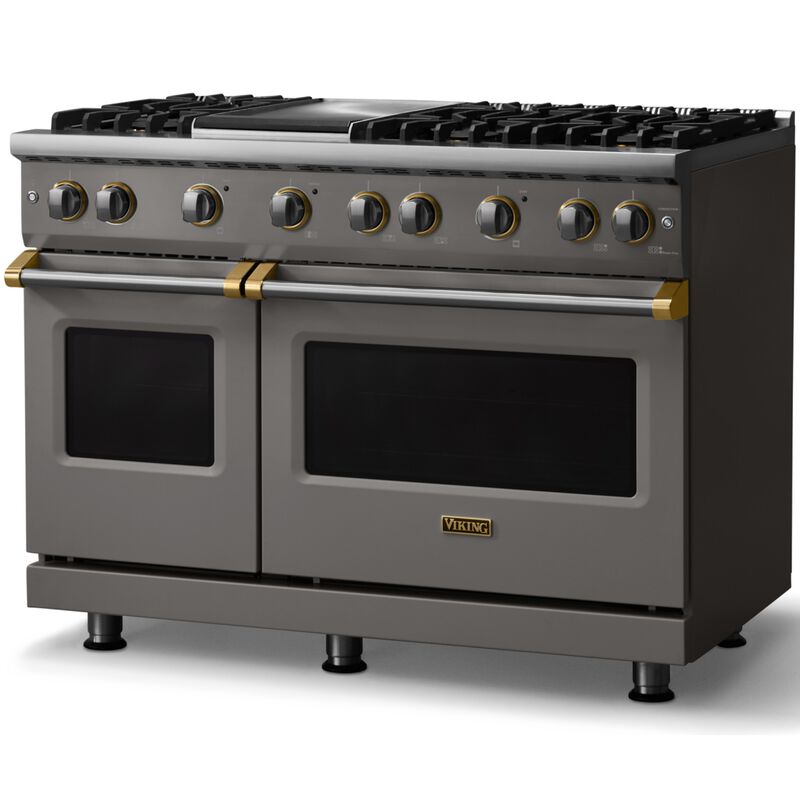 Viking 5 Series 48 in. 6.1 cu. ft. Standard Convection Double Oven Gas Range with 6 Sealed Burners & Griddle - Damascus Gray - Natural Gas, Brushed Brass Trim Option, , hires