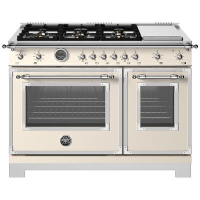 Bertazzoni Heritage Series 48 in. 7.1 cu. ft. Convection Double Oven Freestanding Natural Gas Range with 6 Sealed Burners & Griddle - Ivory | HE486BTGMAVT