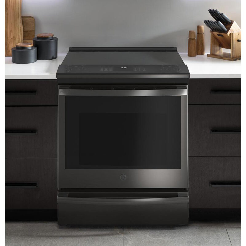 GE Profile 30 in. 5.3 cu. ft. Smart Air Fry True European Convection Slide-In Electric Range with Smoothtop Burners - Black Stainless, , hires