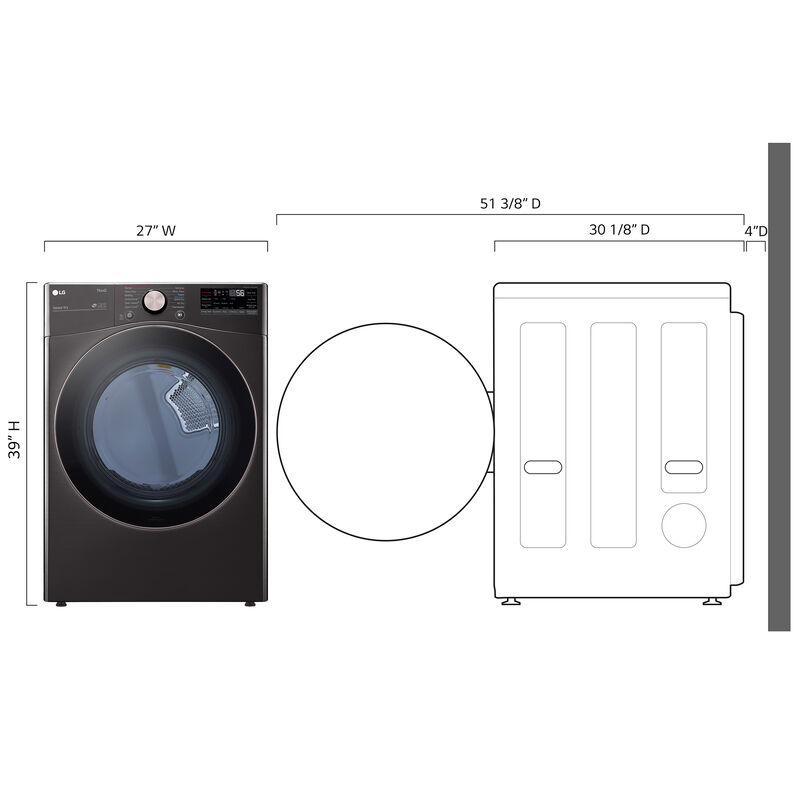 LG 27 in. 7.4 cu. ft. Smart Stackable Round-Door Gas Dryer with Built-In Intelligence, Sensor Dry, Turbo Steam, Sanitize & Steam Cycle - Black Steel, Black Steel, hires